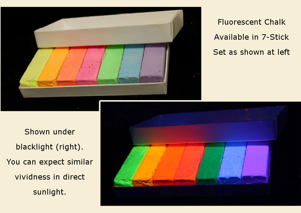 Fluorescent Chalk Set and how it looks under a black light